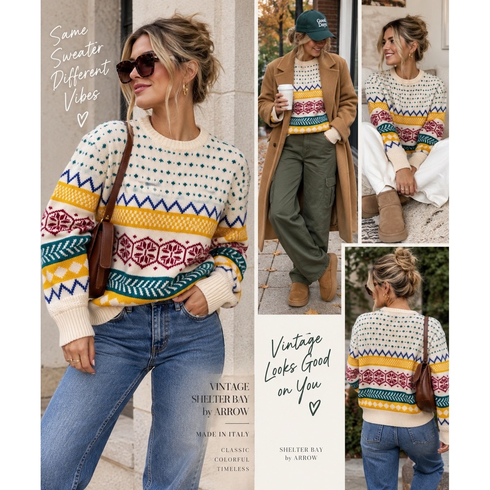 Vintage Shelter Bay Arrow L Wool Blend Nordic Fair Isle Sweater Made Italy